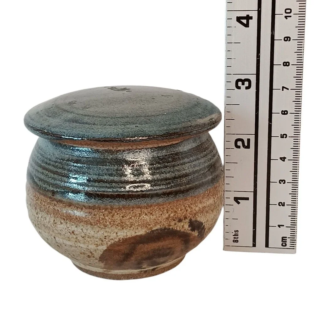 Sherwood Pottery Blue Lidded Jar Brown Swirl Jam Jar Or Trinket Box 3.5